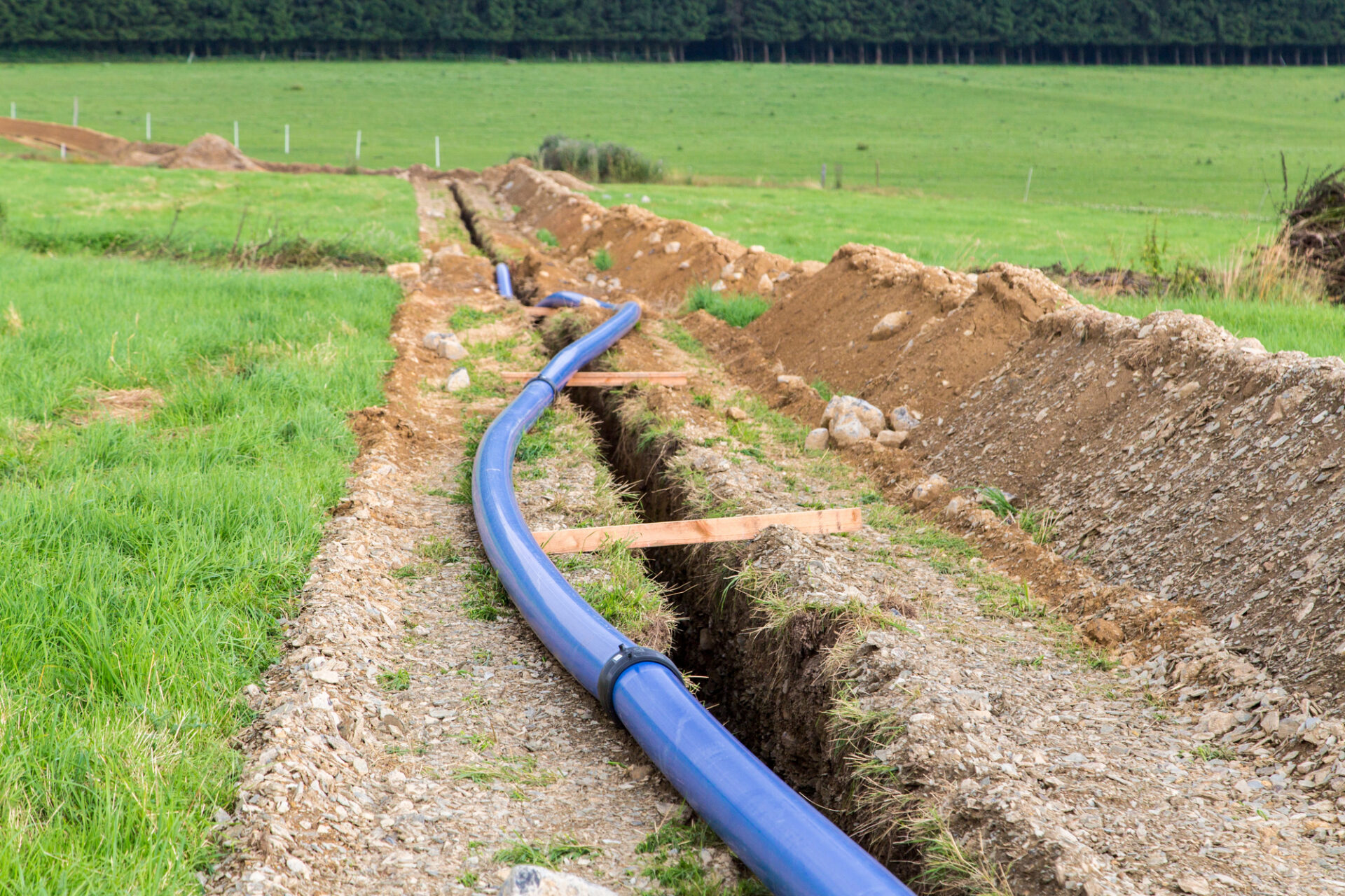 A blue water pipe is being installed in a trench in a grassy field, with piles of soil on either side and a forest in the background.