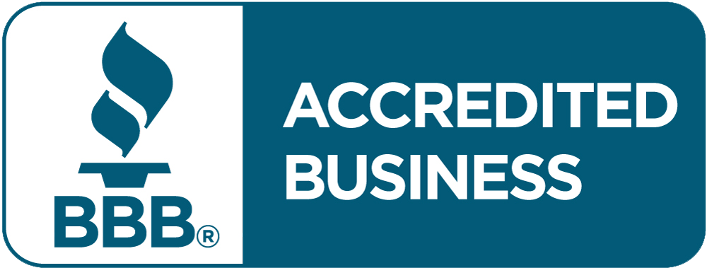 Blue and white BBB Accredited Business logo with a flame symbol on the left and the words “BBB Accredited Business” on the right.